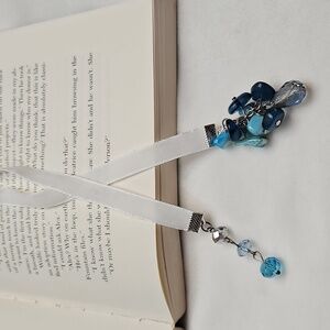 Handmade White Velvet Ribbon Blue Beaded Bookmark Tassel Charms Hand Crafted